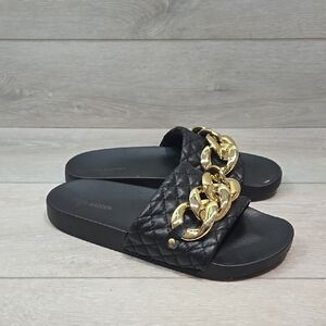 Steve Madden Women Zoray Black Quilted Slides with Gold Chain Sandals Sz 9